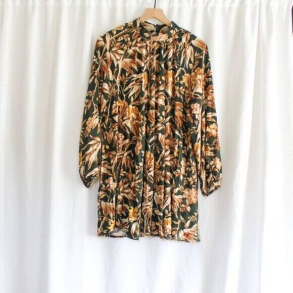H&M Dark Green Floral Women's Mock Neck Tunic Mini Dress Long Sleeves 8 - Picture 1 of 7